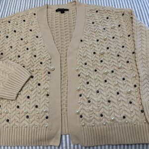 Boston Proper Beige Pearl-Embellished Cardigan